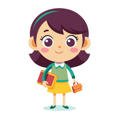 Cute Girl with Handbag and Book Cartoon Vector Icon Illustration on a White Background