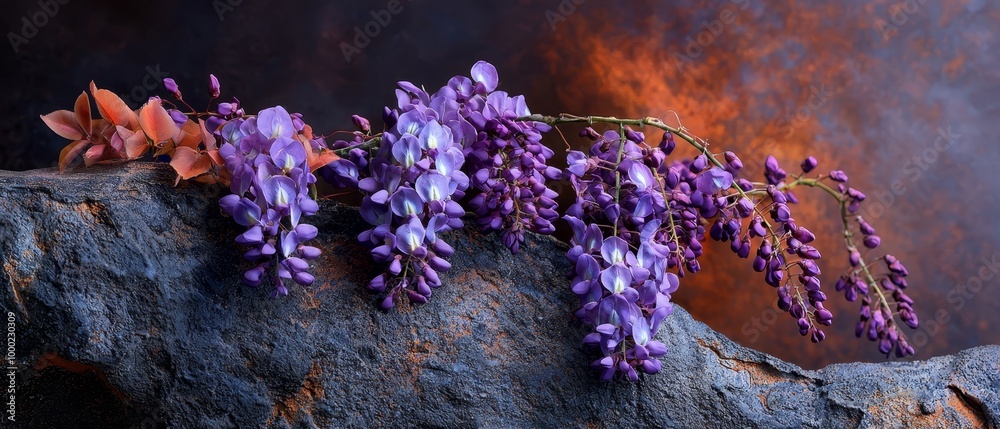 Sticker  Purple flowers blooming from a rock fissure against a red backdrop