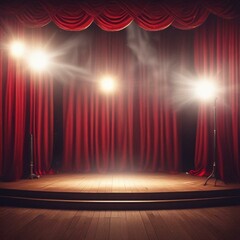Dramatic Moment on a Magic Theater Stage with Red Curtains
