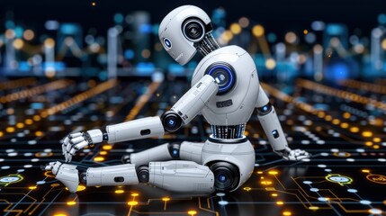 Fototapeta premium Futuristic Robot Sitting on Digital Circuitry Background