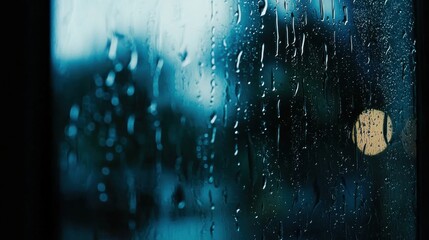 Raindrops trickling down a window, revealing a gloomy, overcast day outside. The scene evokes a cozy and peaceful mood indoors, perfect for relaxation and reflection.