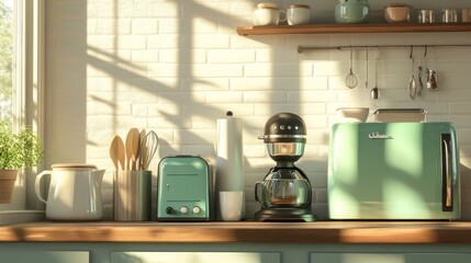 Set of home kitchen appliances in the room with sun light. 3d illustration