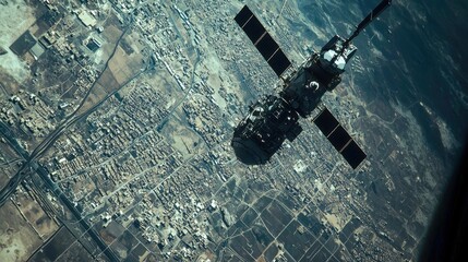 A high-tech military satellite conducting surveillance over a war zone, capturing live images of the conflict area with active targeting systems. The scene highlights advanced military technology
