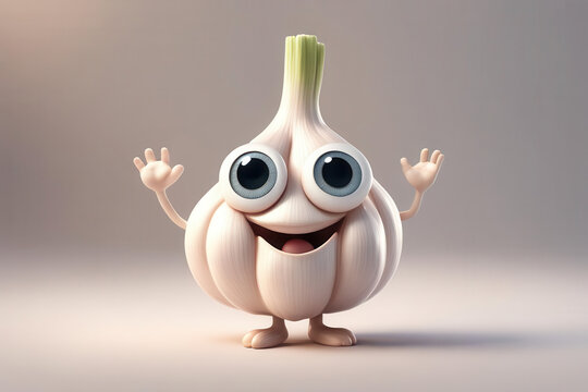 Cartoon garlic character with big eyes and a smiling face