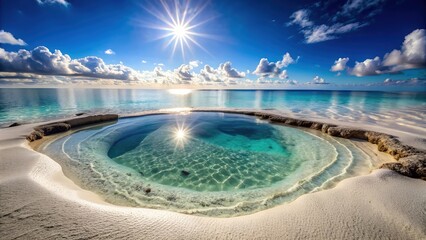 Fototapeta premium Beautiful Tropical Beach Lagoon pool with Golden Sand and Crystal Clear Ocean Water, A Serene Coastal Paradise Perfect for Digital Graphic Design Projects and Backgrounds