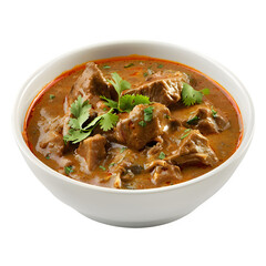 Delicious spicy beef curry in a white bowl, topped with fresh cilantro, ideal for showcasing authentic cuisine