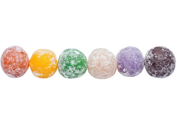 Obraz premium Colorful candy gummies displayed in a row against isolated on transparent background.