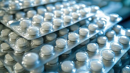 Shiny blister packs filled with round white tablets, stacked neatly and ready for distribution to patients. The organized presentation emphasizes efficiency and readiness in medication delivery.