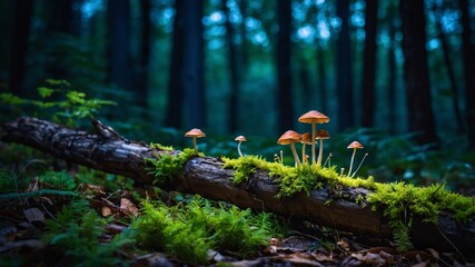 Obraz premium Bright forest tiny mushrooms in night time and seasonal nature background with bokeh and short depth of field. wildlife nature mushrooms and green fresh leaves