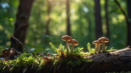Bright forest tiny mushrooms in sunlight and seasonal nature background with bokeh and short depth of field. wildlife nature mushrooms and green fresh leaves