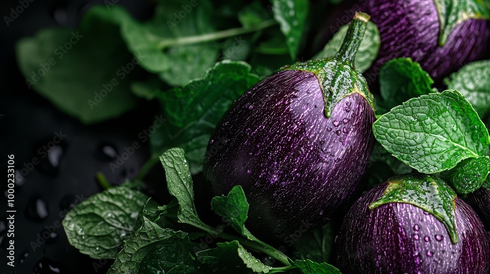 Poster  A tight shot of a purple eggplant against a black backdrop, its green leaves framing the image, and water droplets beading on its surface