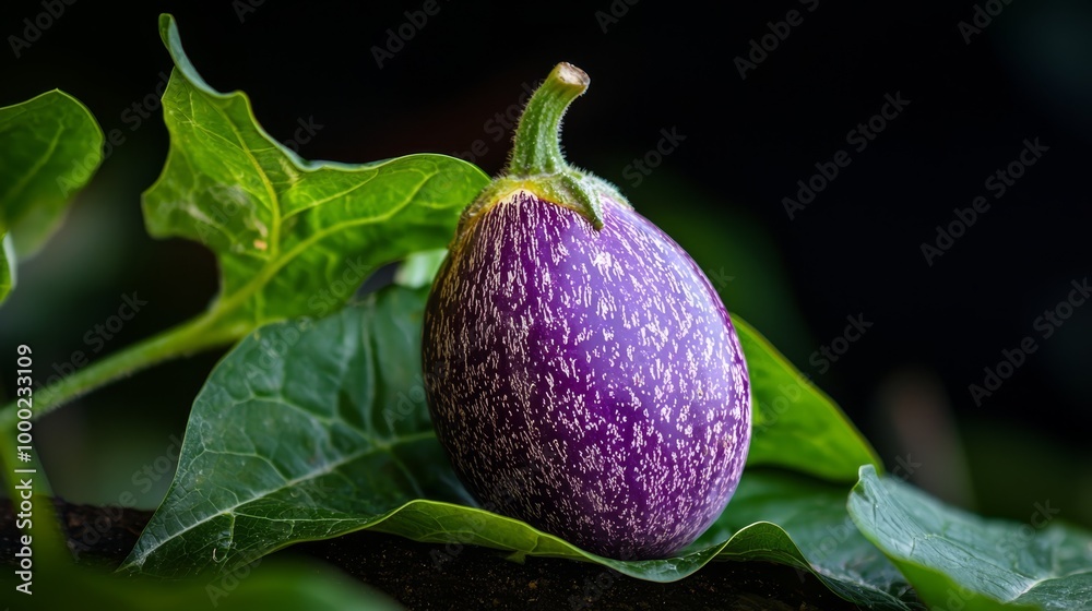 Poster  A tight shot of a purplish fruit on a verdant leafy branch, adorned with water pearls on its surface