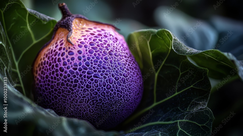 Canvas Prints  A tight shot of a purplish-green fruit surrounded by foliage against a black backdrop Inside, a hazy depiction of the fruit's interior