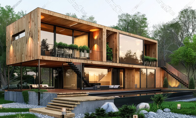Fototapeta premium Large wooden house with a pool and a garden. The house is surrounded by trees and has a modern design