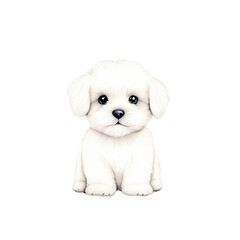 Cute white puppy, fluffy fur, sitting pose, isolated on transparent background.