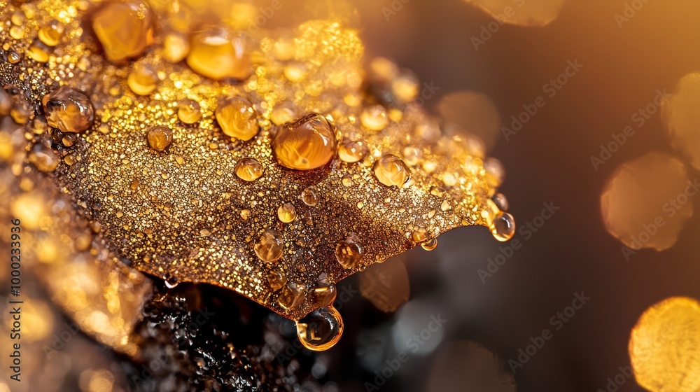 Wall mural  A tight shot of water droplets on a yellow-brown leaf, surrounded by a halo of background lights