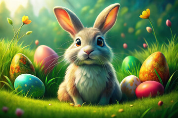 A charming bunny explores a colorful Easter egg garden in a serene woodland during the vibrant springtime. Generative AI