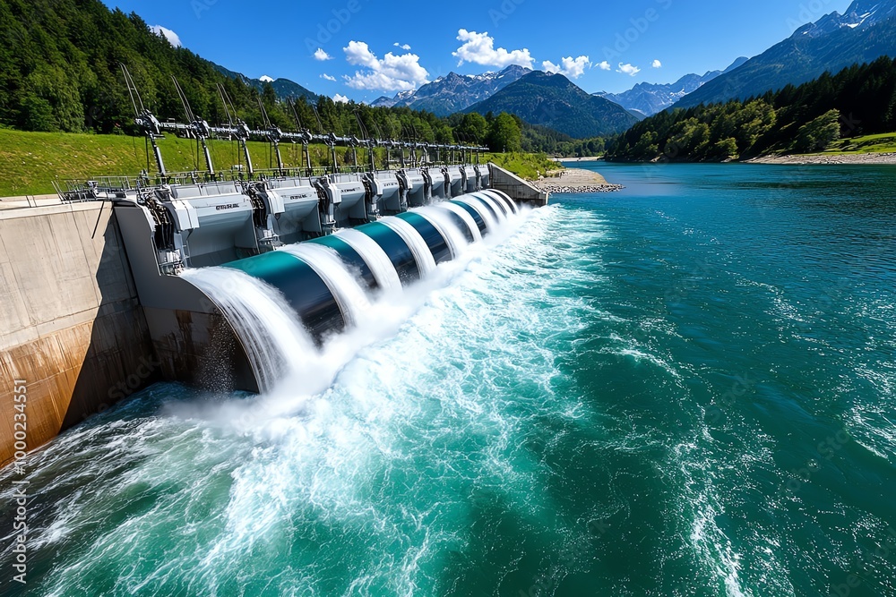 Poster river flowing through a hydroelectric dam, with the water generating power as it moves, showcasing t