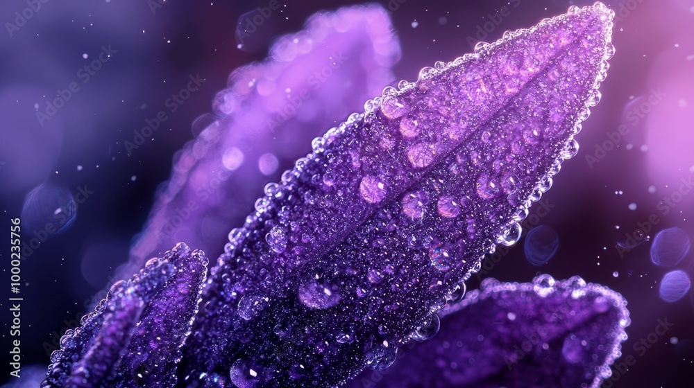 Wall mural  A tight shot of a purple plant, dewdrops adorning its leaves, backdrop softly blurred