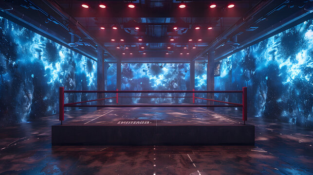 Empty boxing ring set in a futuristic arena with glowing neon lights and abstract space-themed digital wall displays