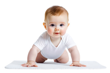 Happy baby crawling on a white surface, with a cheerful expression and bright, engaging eyes isolated on transparent background.