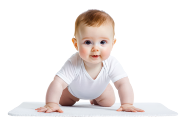 Happy baby crawling on a white surface, with a cheerful expression and bright, engaging eyes isolated on transparent background.