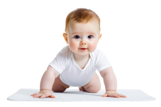 Happy baby crawling on a white surface, with a cheerful expression and bright, engaging eyes isolated on transparent background.