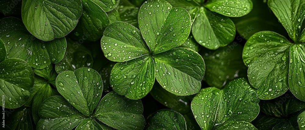 Sticker  A scene of verdant leaves dotted with water droplets, surrounded by a backdrop of similarly wet foliage