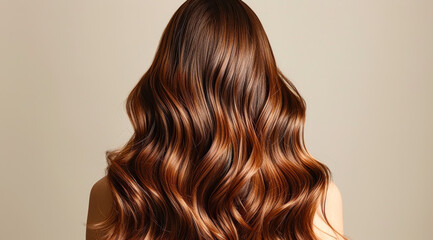 Fototapeta premium A woman with long brown hair is shown with a shiny, wavy texture. The hair is styled in a way that it is in motion, giving the impression of a lively and energetic mood