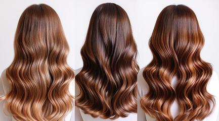 Fototapeta premium Three women with long brown hair are shown in a row. The hair is styled in different ways, with one woman having a wavy look, another having a straight look, and the third having a curly look