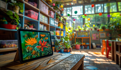 Obraz premium A tablet is on a wooden table in a room with many potted plants. The tablet is displaying a picture of a flower. The room has a bright and cheerful atmosphere