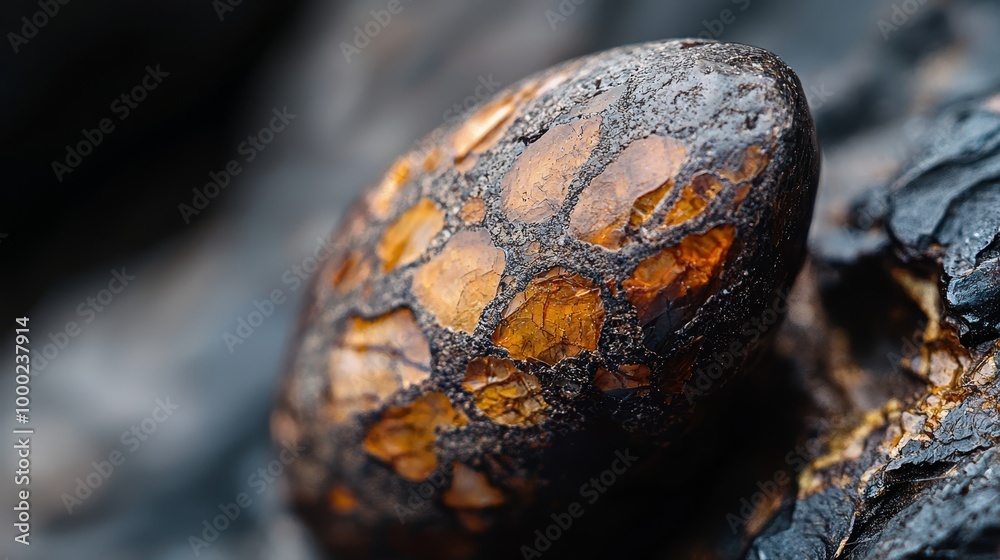 Wall mural  A tight shot of a rock displaying cracks and bearing yellow and black painted hues