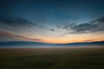 Fototapeta premium tranquil meadow at dawn, with mist rising gently and serene sky filled with stars. soft colors of sunrise create peaceful atmosphere in nature