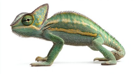 Obraz premium side view of a veiled chameleon, Chamaeleo calyptratus, isolated on white