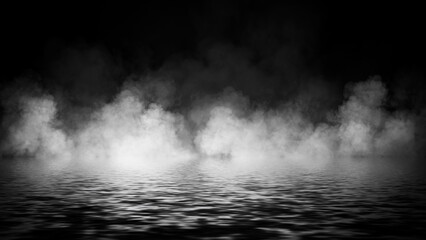Mystery coastal fog . Smoke on the shore . Reflection in water. Texture overlays background. Stock illustration. Design element.