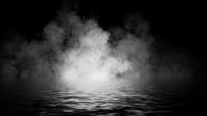 Mystery coastal fog . Smoke on the shore . Reflection in water. Texture overlays background. Stock illustration. Design element.