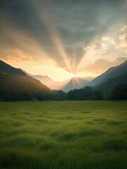 Obraz premium radiant sunrise over lush green landscape creates serene atmosphere, with sunlight streaming through mountains, illuminating vibrant field