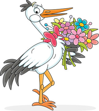 recommend clip art: Funny white stork with a bouquet of colorful flowers, vector cartoon illustration on a white background