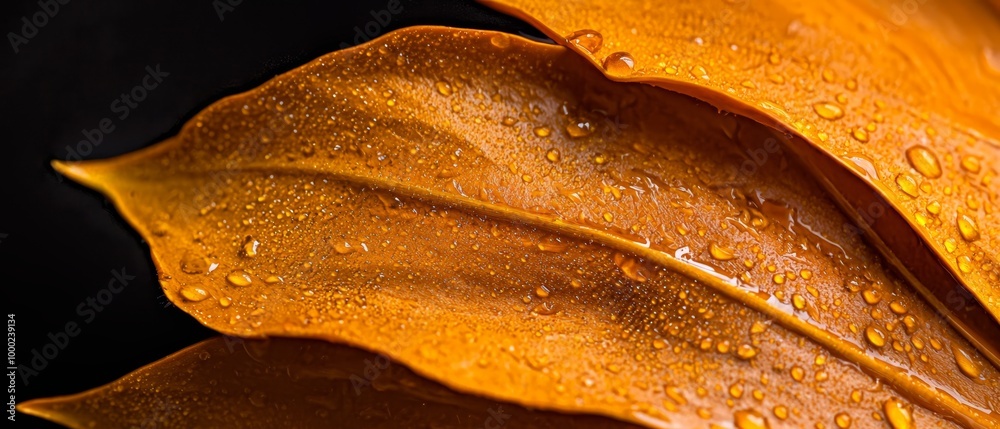 Canvas Prints  Close-up of a yellow leaf with water drops, against a black backdrop