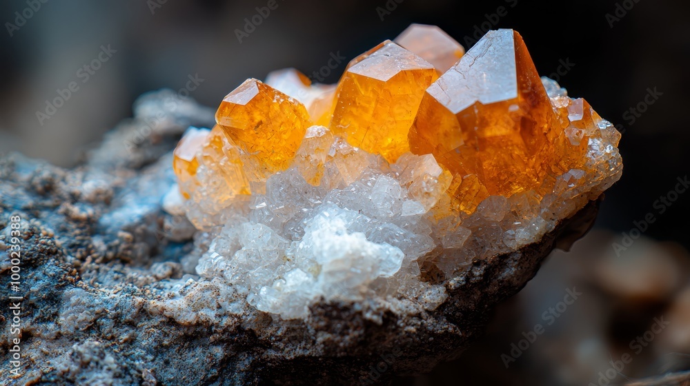 Wall mural  A group of orange and white crystal formations atop a rock, covered in snow