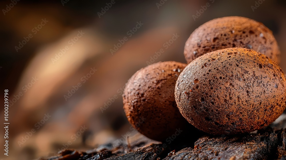 Wall mural  Three chocolate donuts atop a mound of earth-toned dirt