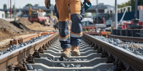 A construction worker walks on train tracks, inspecting the work in progress.