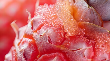  A tight shot of a pink flower, beads of water clinging to its petals, with another pink bloom prominent in the foreground