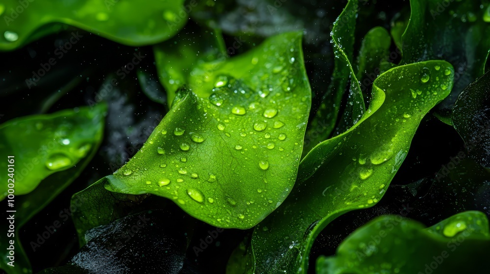 Sticker  Close-up of a green plant with water droplets on its leaves Foreground features leaves