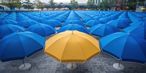 A single yellow umbrella stands out amongst a sea of blue umbrellas.