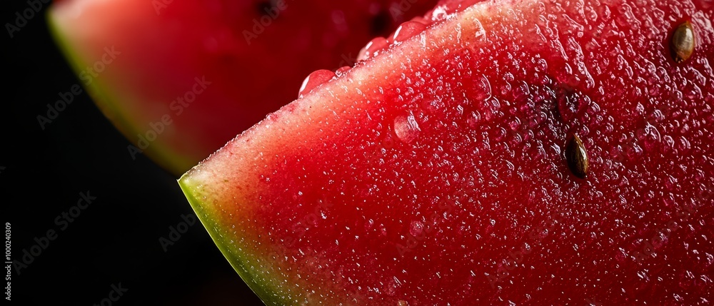 Poster  A tight shot of a watermelon slice, adorned with beads of water and an adjacent whole slice