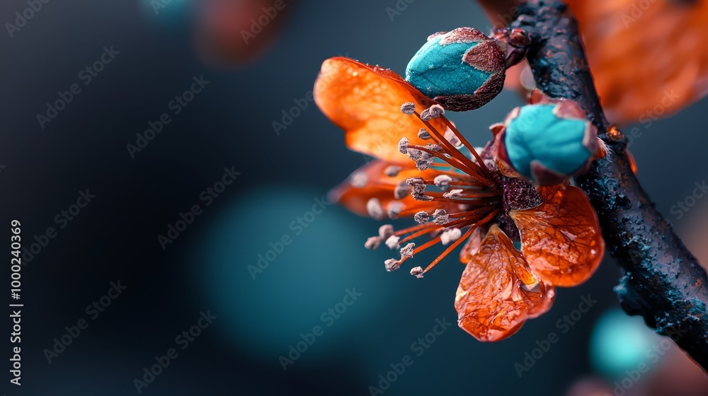 Wall mural  A tight shot of a bloom on a branch, adorned with dewdrops on its petals, against a hazy backdrop