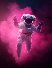 Fototapeta premium astronaut reaching out towards distant planet, surrounded by vibrant pink smoke, evokes sense of wonder and exploration in vastness of space