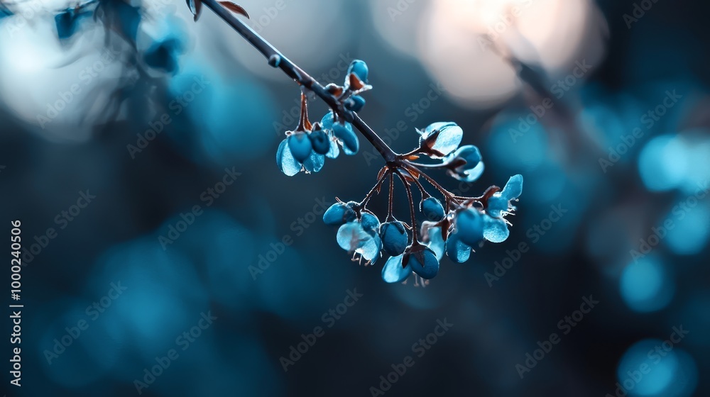 Poster  A tight shot of a blue bloom on a branch against a hazy backdrop of indistinct lights