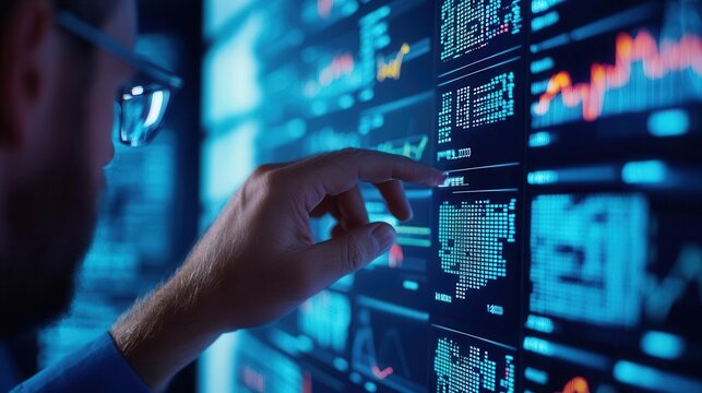 Big data visualizations displayed on digital screens, predictive algorithms analyzing future market behaviors